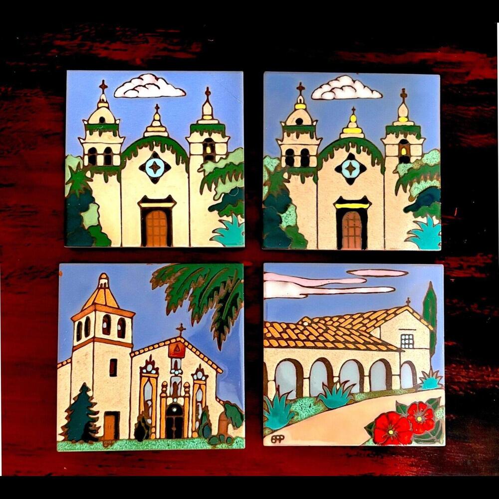 Lot of 4 Prusa Tiles MISSION Tile Trivet Wall Hanging Hand Painted USA
